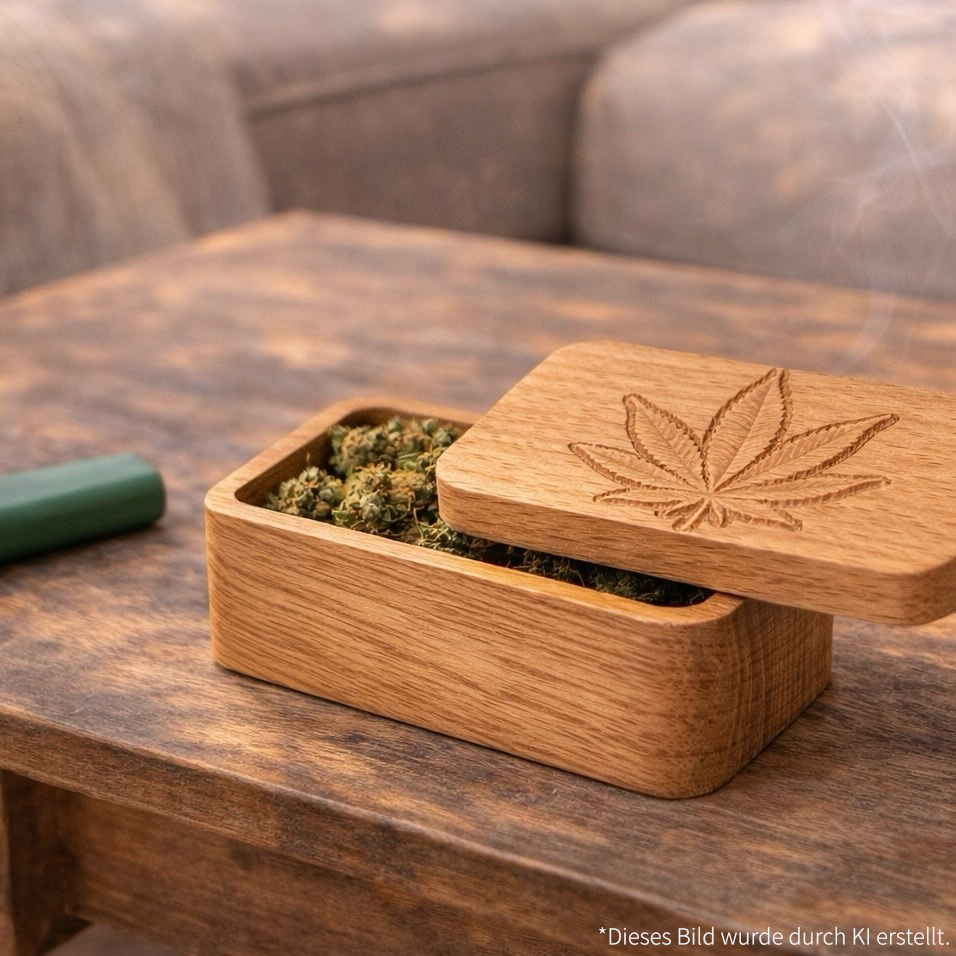 Kleine Holzdose mit Hanfblatt