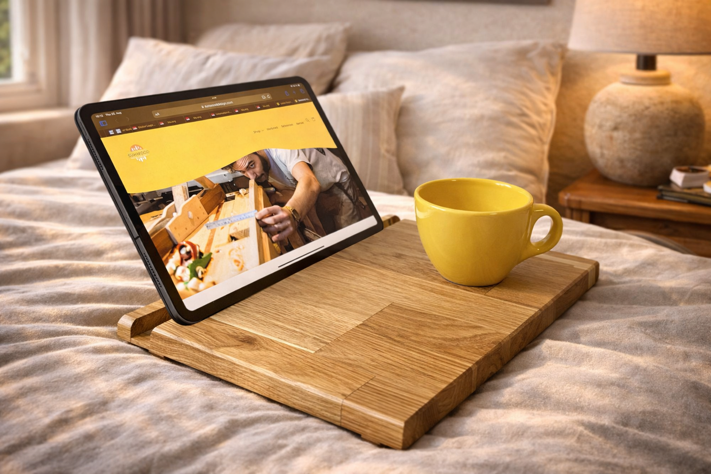 Tablet-Ständer Oak mit iPad auf Matratze – Lifestyle-Ansicht | Sunwood Holzdesign
